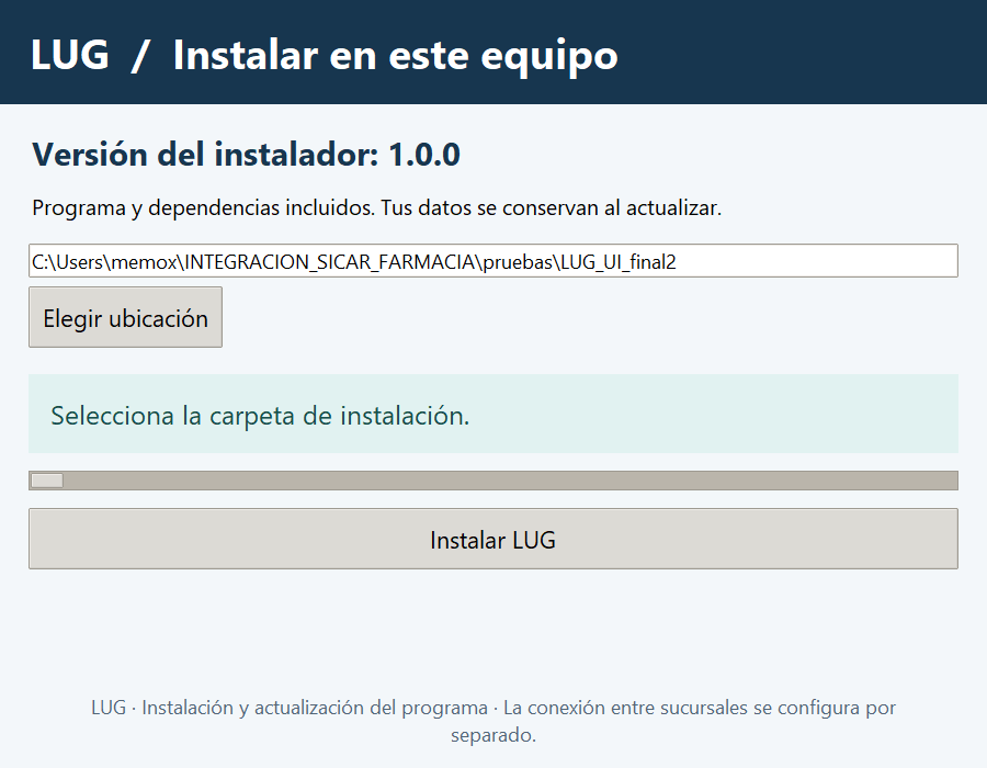 Captura real del asistente de instalación de LUG